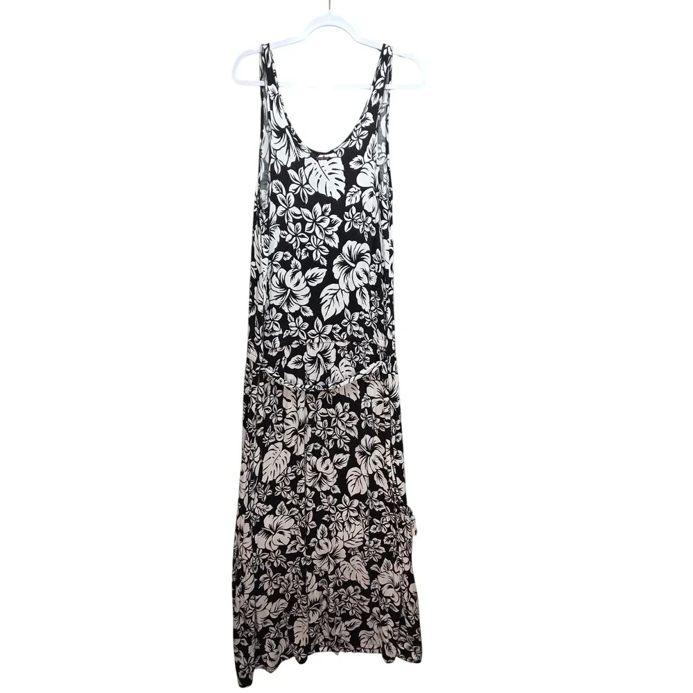 Michael Kors Black White Tropical Floral Sleeveless Maxi Dress Large Blouson Tie